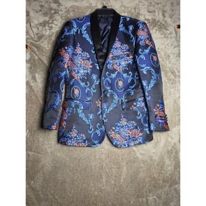 Retro Paris Monte Carlo III Blazer Indigo Blue Orange Floral Damask Tuxedo 36S